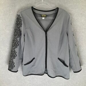 Bob Mackie Blazer Womens Sz L Gray Lace Wearable Art Zip Front Jacket Artsy‎